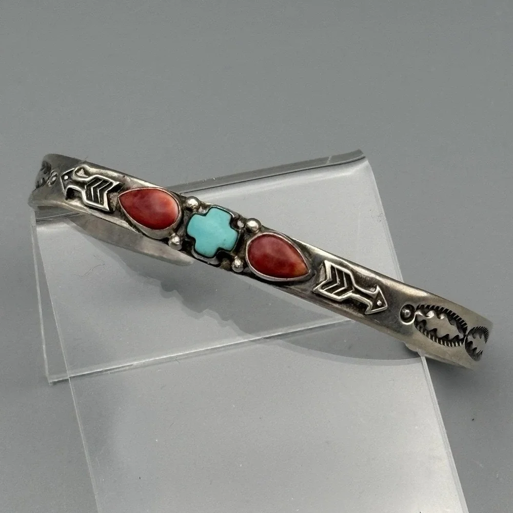 Native American Sterling Silver Cuff Bracelet Albert Jake Turquoise Spiny Oyster